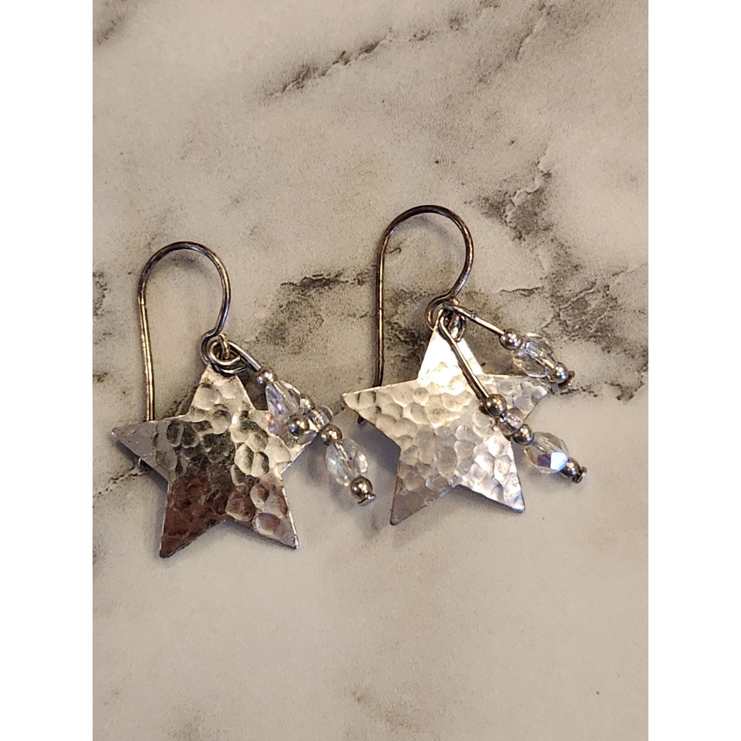 Vintage Hammered Silver Tone Star Dangle Earrings With Crystal Accents