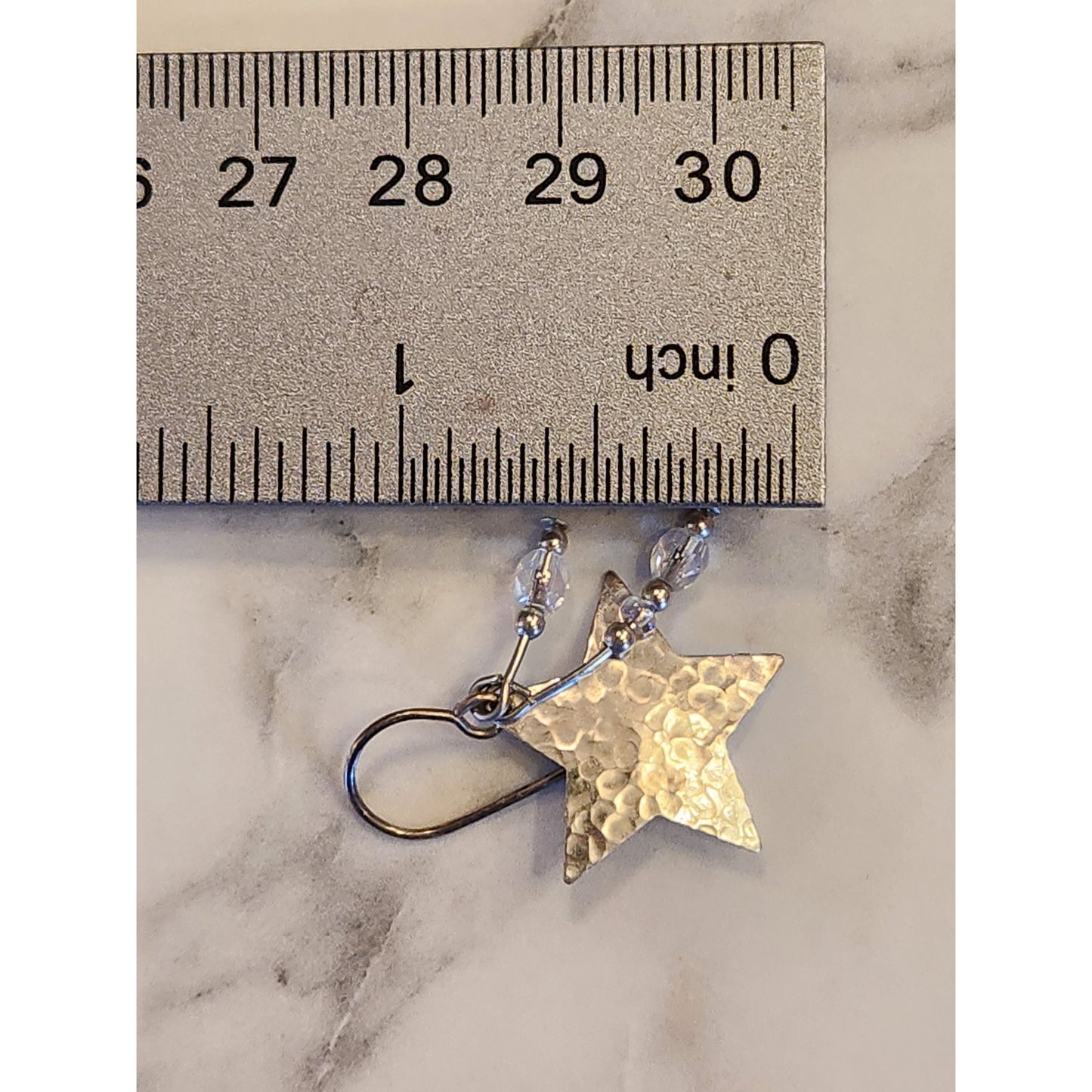 Vintage Hammered Silver Tone Star Dangle Earrings With Crystal Accents