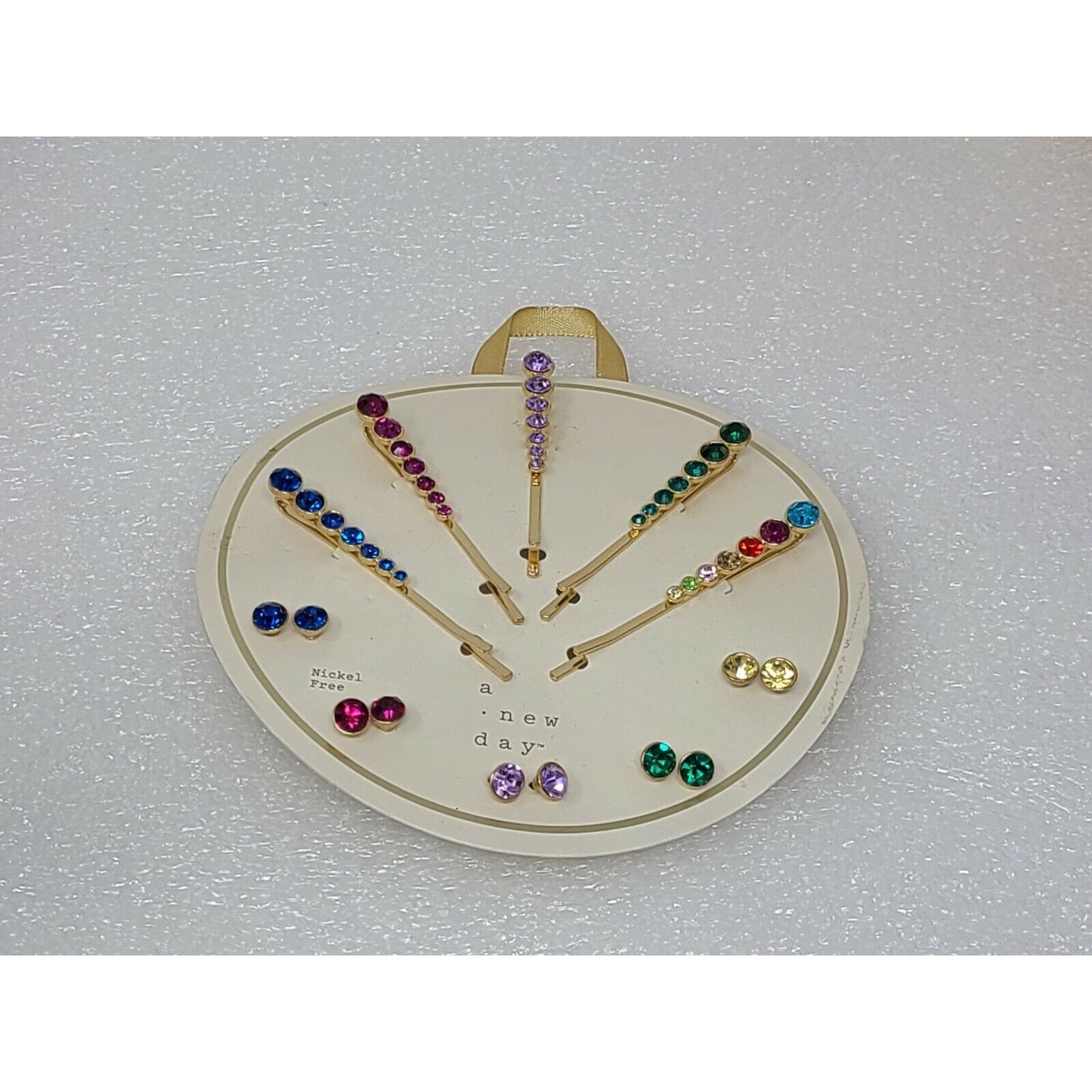 A New Day Gem Stone Hair Bobby Pin & Matching Pierced Earrings Gift Set Goldtone