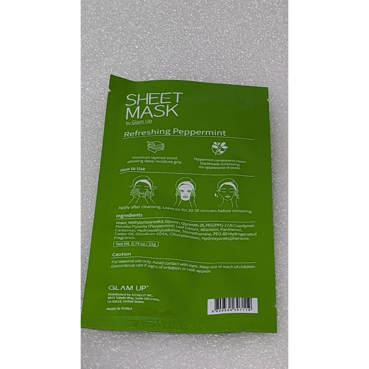 Glam Up Refreshing Peppermint Sheet Mask - Skin Purifying & Hydrating 0.74 Oz