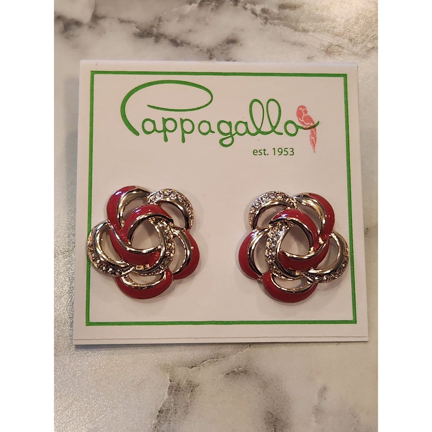 Pappagallo Red & Gold Intertwined Flower Stud Earrings With Crystals