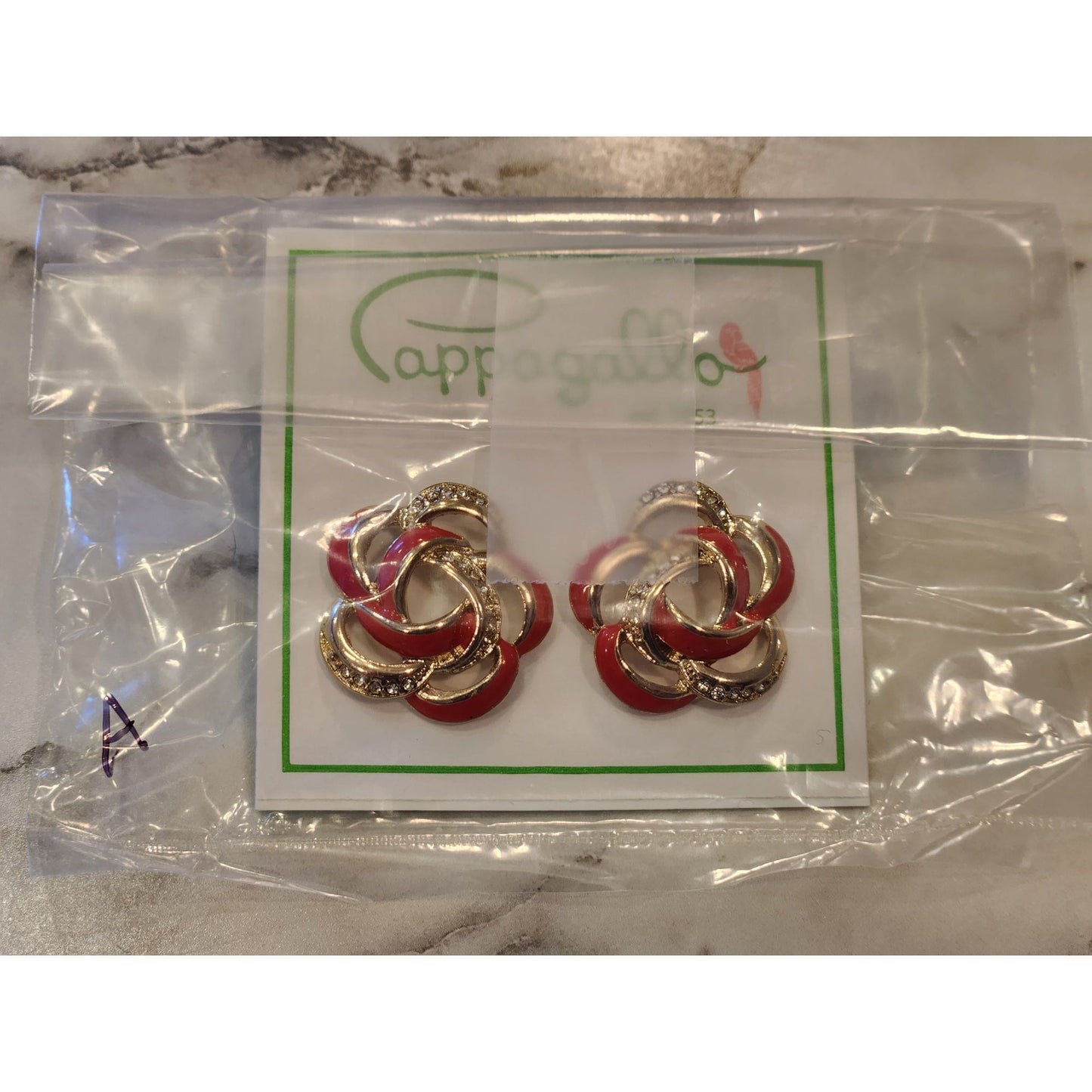 Pappagallo Red & Gold Intertwined Flower Stud Earrings With Crystals