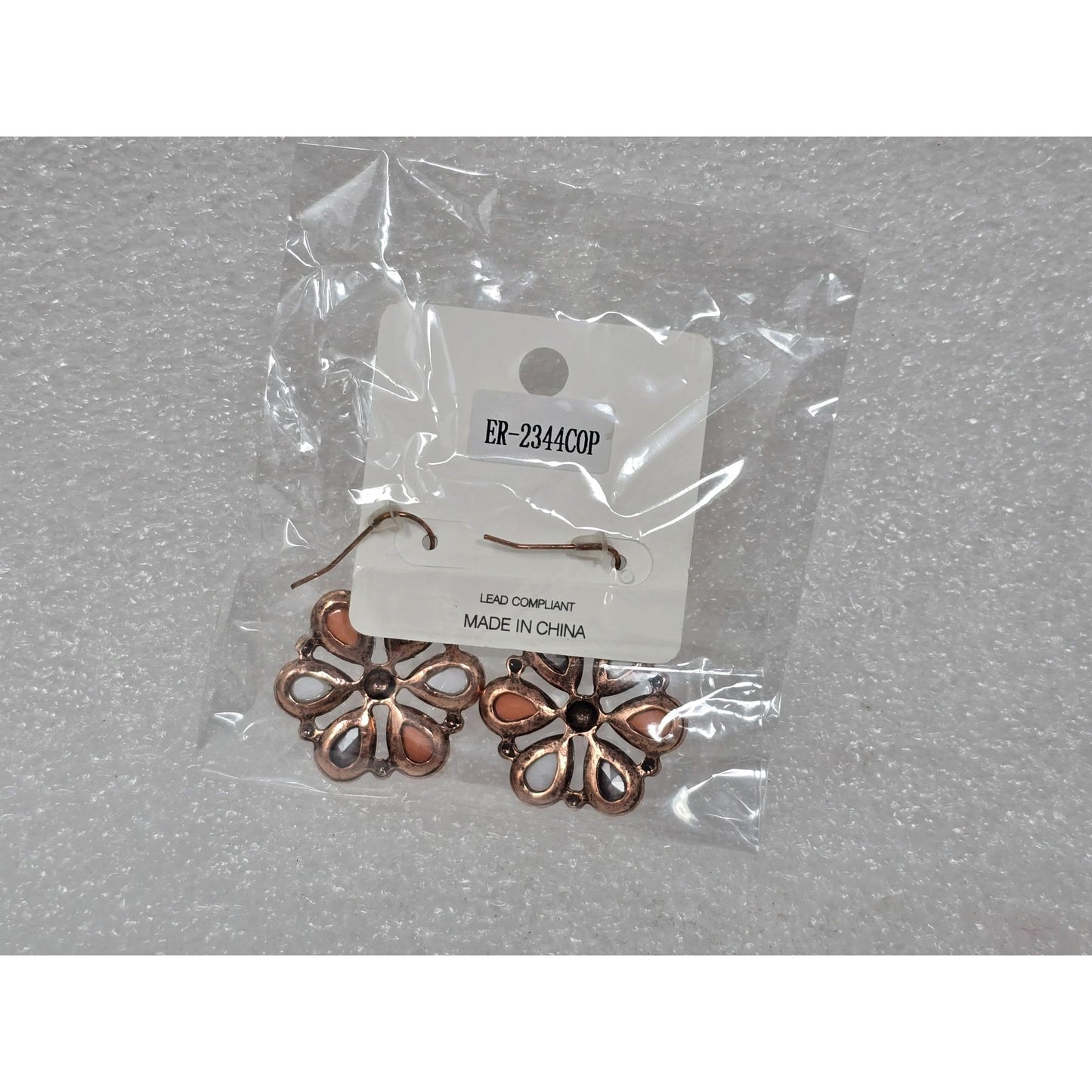 Copper Tone & Iridescent Teardrop Flower Dangle Earrings