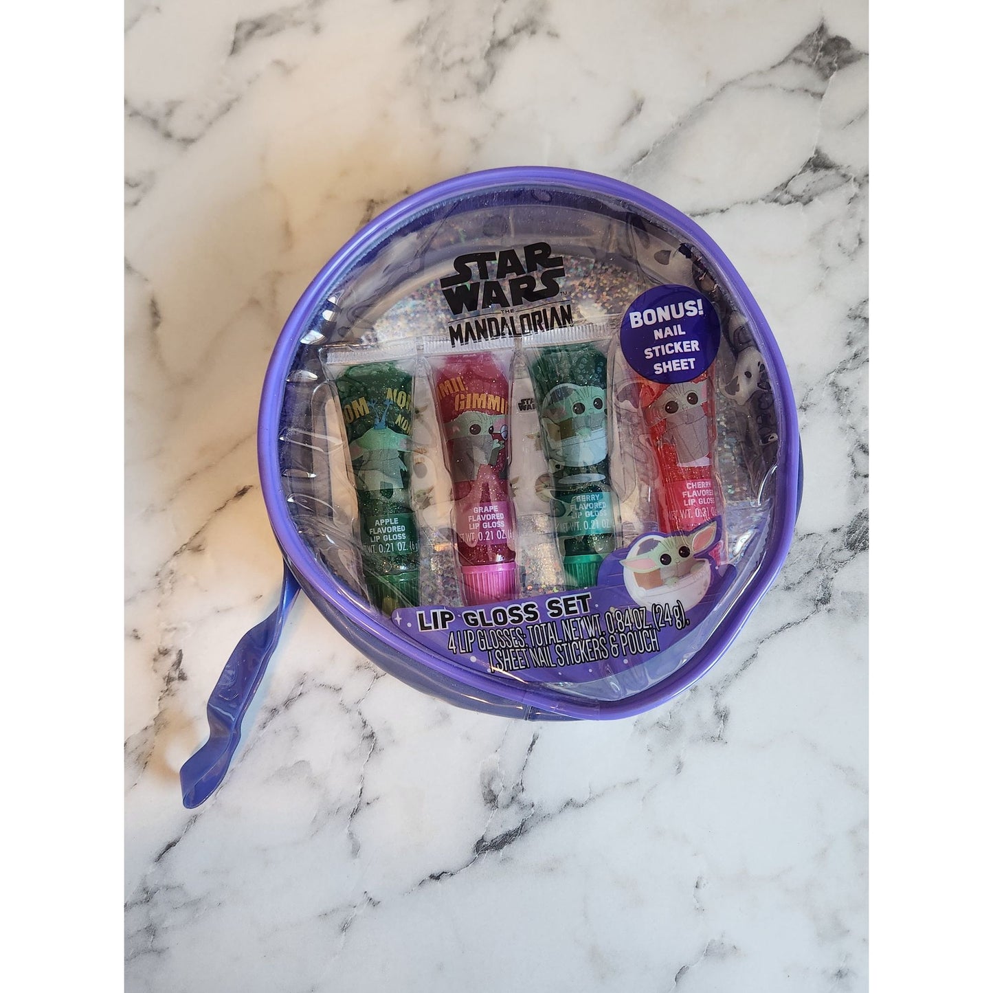 Star Wars Mandalorian Lip Gloss Set & Nail Sticker Sheet Purple Zippered Pouch