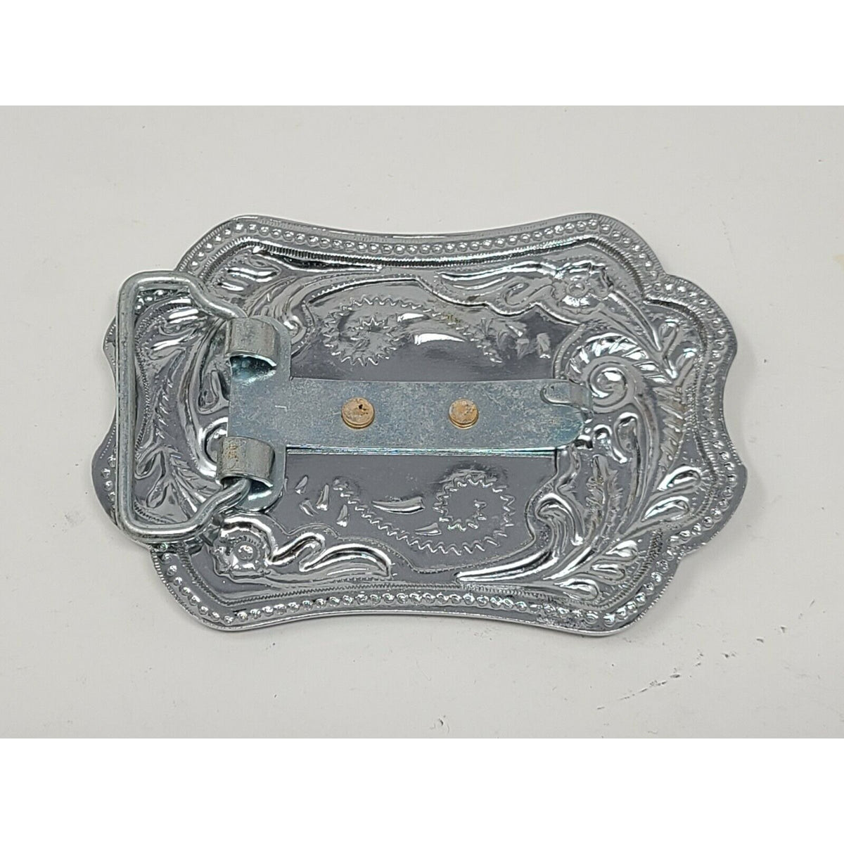 Vintage Western Covered Wagon Engraved Nickel Silver Tone Belt Buckle