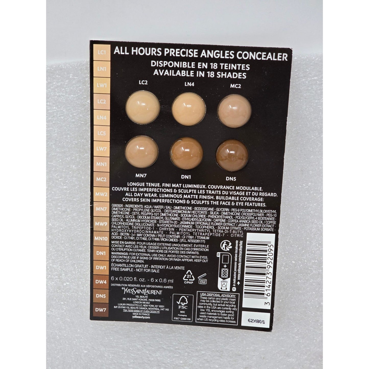 Yves Saint Laurent All Hours Precise Angles Concealer Sample Card 6 Shades YSL