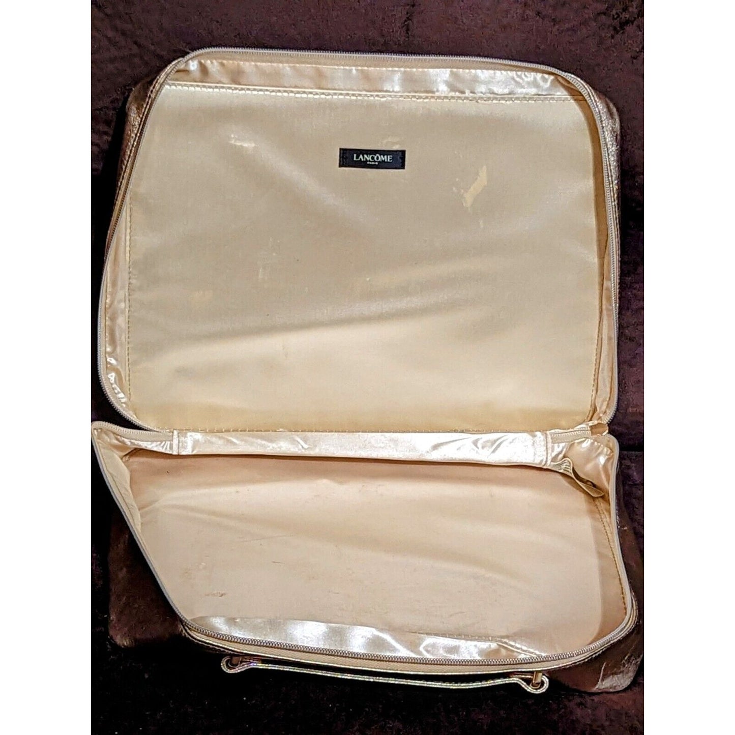 Lancome Cosmetic Makeup Bag Train Case Metallic Gold w/Rose