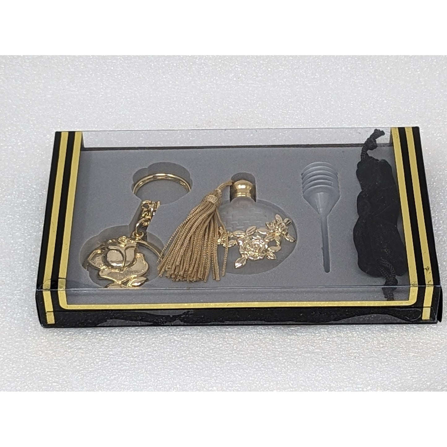 Vintage Miniature Perfume Bottle & Gold Tone Rose Key Chain Gift Set