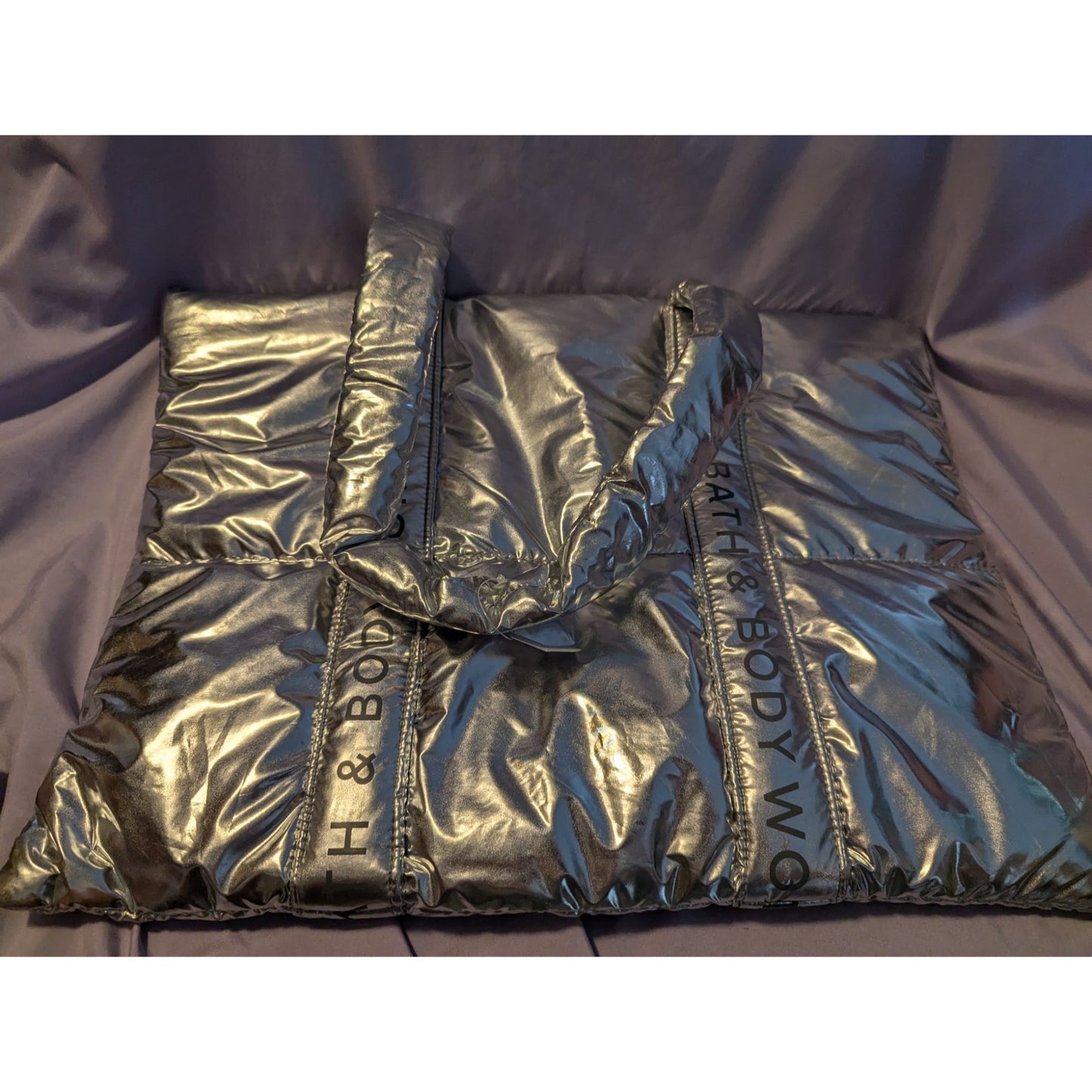 Bath & Body Works Silver Metallic Quilted Tote Bag With Inner Lining Puffy