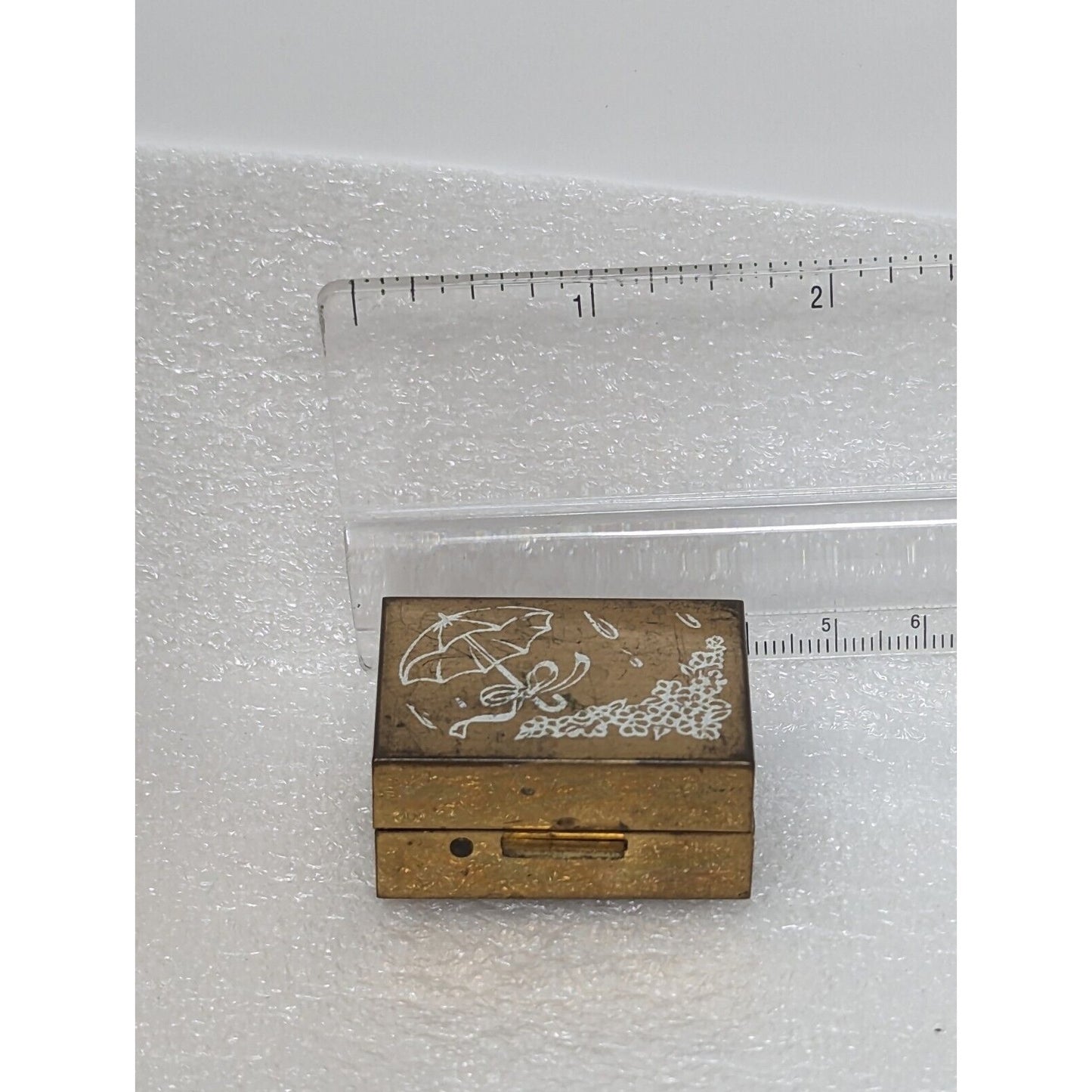 Vintage Miniature Metal Trinket Pill Box Rain Shower Umbrella 1.5" Gold Tone