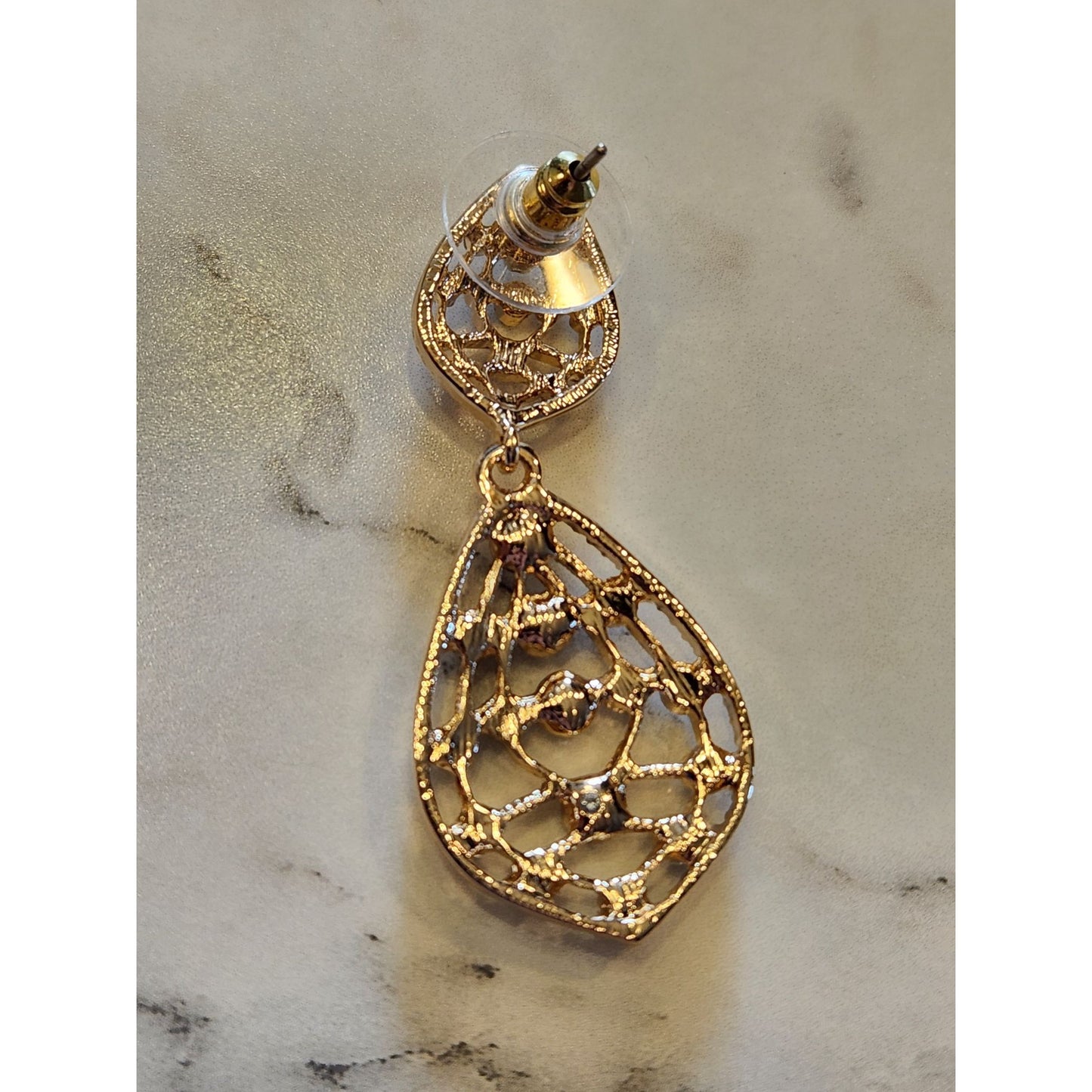 Napier Gold Tone Crystal Teardrop Dangle Earrings Filigree Design & Post Backs