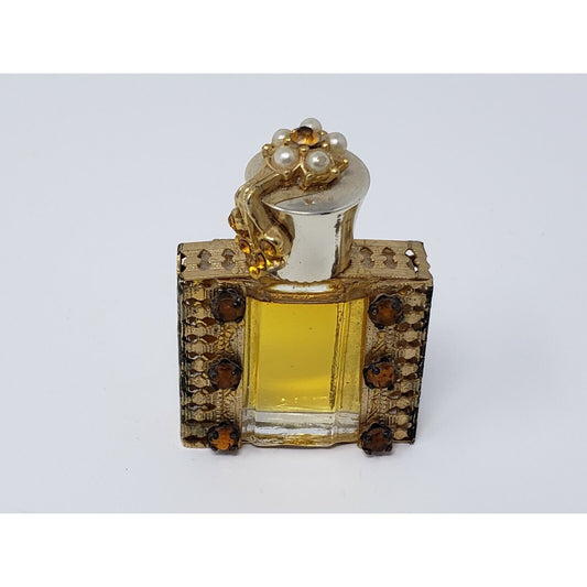 Antique Vintage Miniature Bejeweled Perfume Bottle Gold Tone Filigree