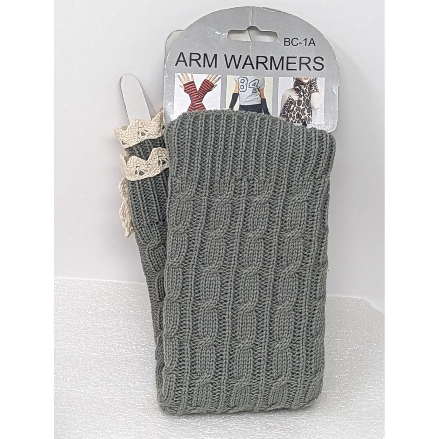 Fingerless Arm Warmers Grey & Cream w/Buttons Women's