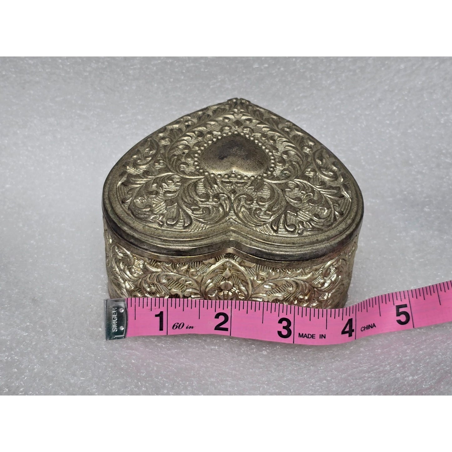 Vintage Heart Shaped Embossed Metal Jewelry Trinket Box Ornate Floral Design