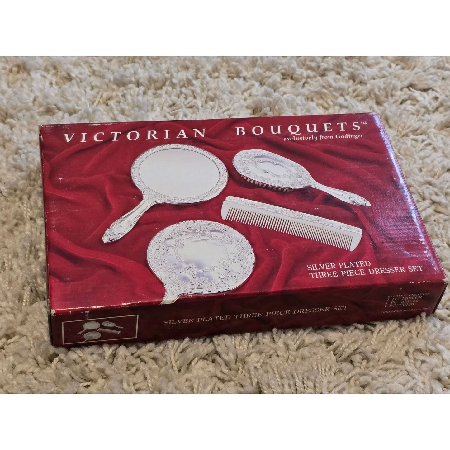 Godinger Victorian Bouquets Silver Plated Vanity Set Mirror Brush Comb Vintage