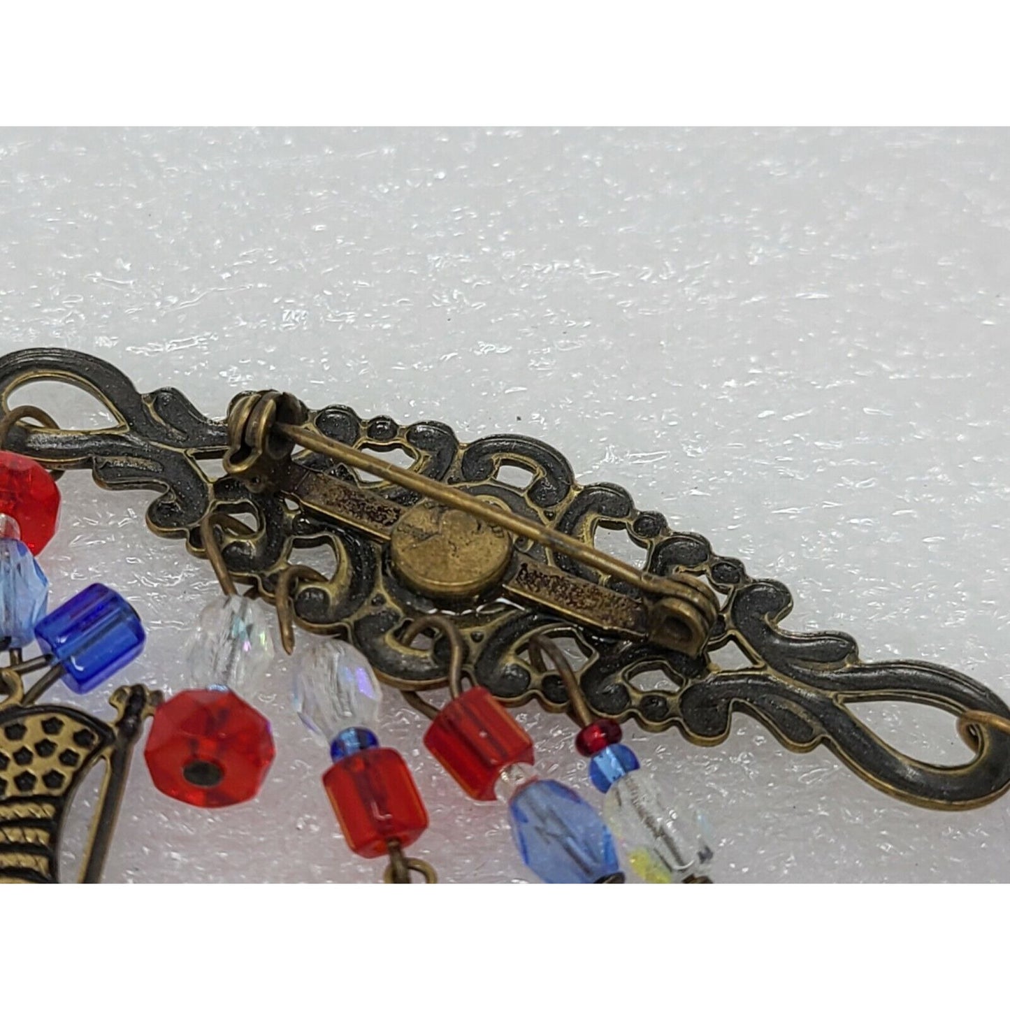 Vintage Bar Pin Brooch w/ Dangling Charms Heart Hat American Flag