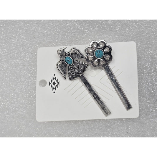 Western Style Silver Tone Hair Pins With Faux Turquoise Stones Bird & Flower