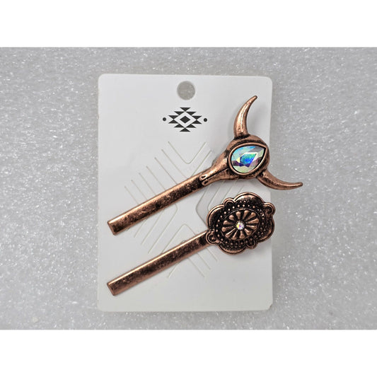 Set Of 2 Boho Style Hair Clips W/ Decorative Designs & Gemstone Accents Western