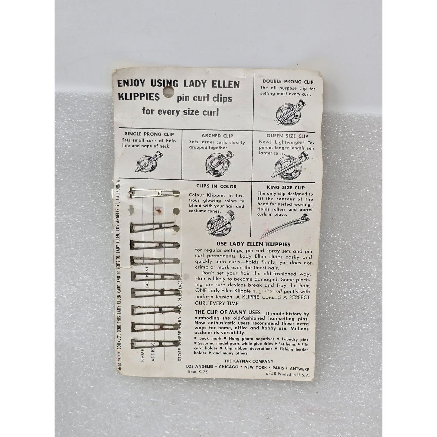 Lady Ellen Hollywood Klippies Single Prong Pin Curl Clips Vintage Pack of 9