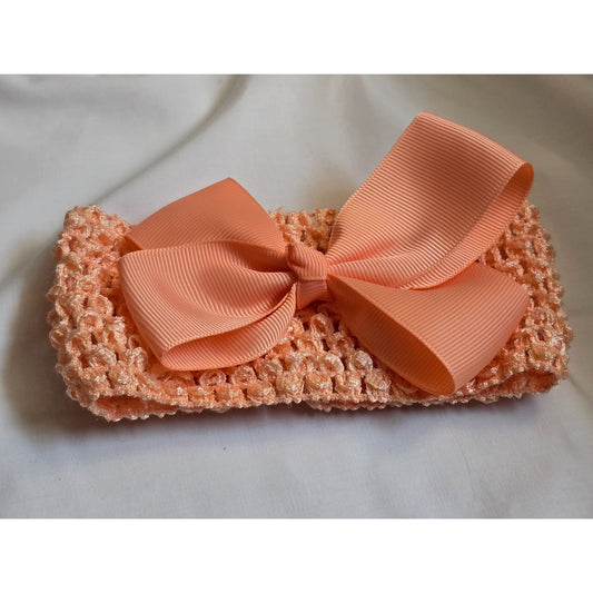 Peach Crochet Baby Headband With Grosgrain Bow