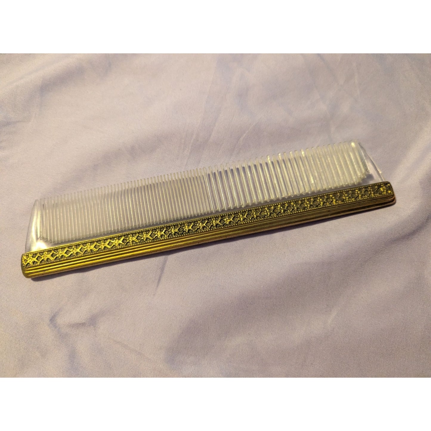 Vintage- Clear Hair Comb With Gold Tone Ornate Design Trim