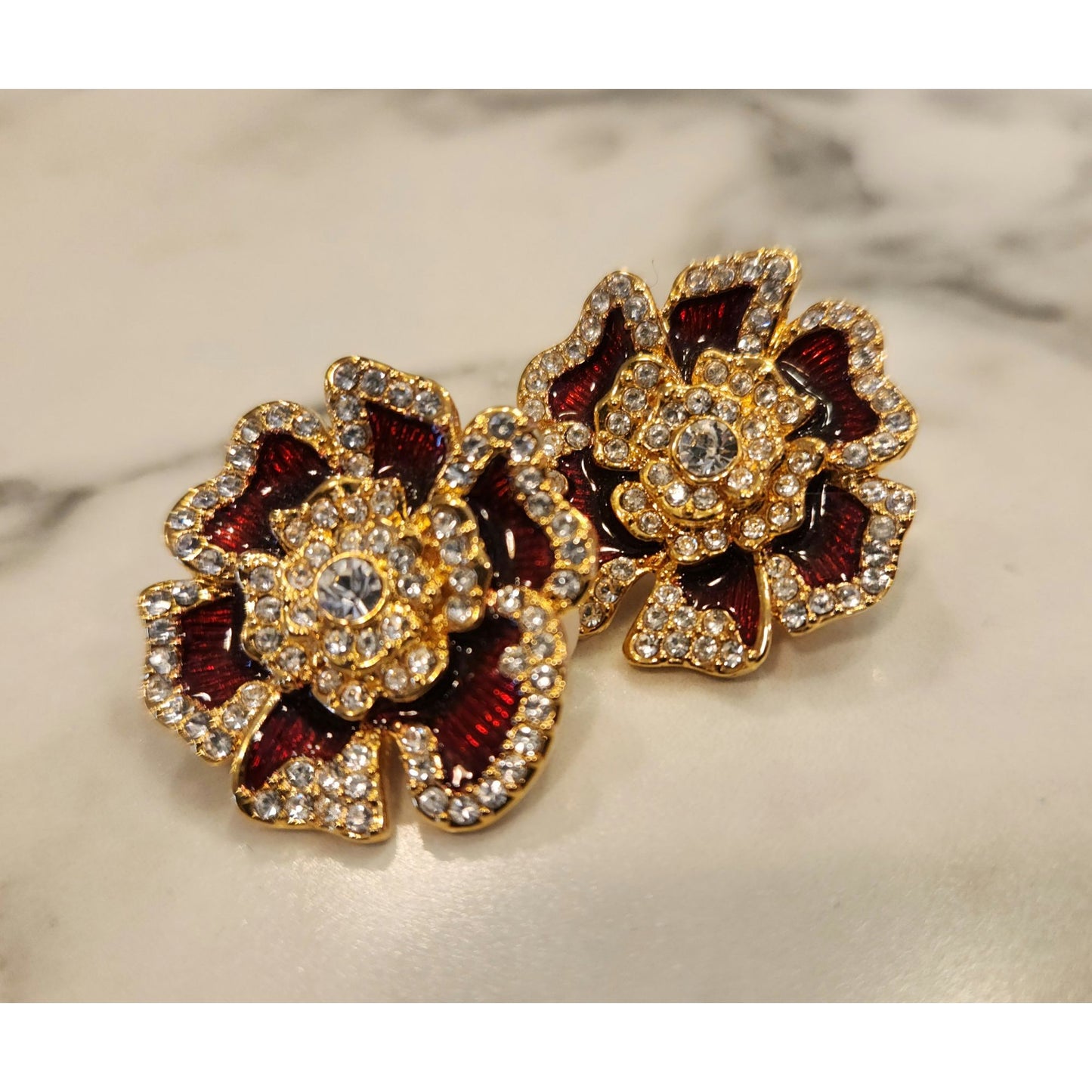 Joan Rivers Gold-Tone Red Enamel Flower Clip-On Earrings Crystal Rhinestone Vtg