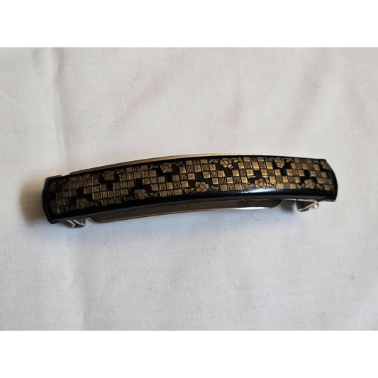 Vintage French Metal Hair Barrette Clasp Black & Gold Square And Floral Design