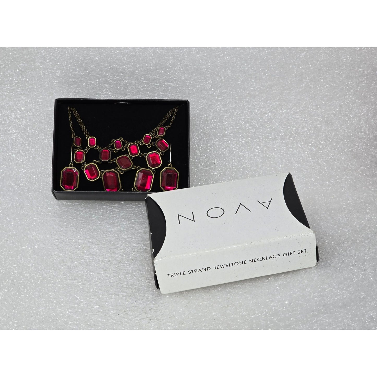 Vintage Avon Triple Strand Jeweltone Necklace & Earrings Gift Set Red Gemstones