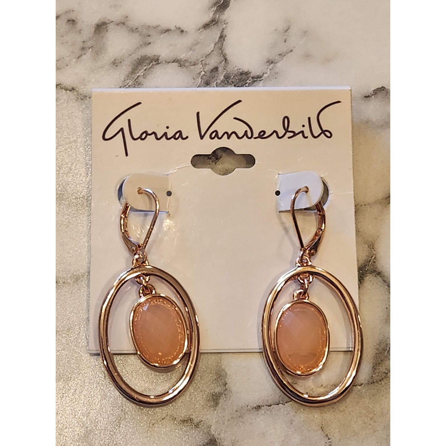 Gloria Vanderbilt Rose Gold-Tone Double Hoop Dangle Earrings Oval Faceted Stone