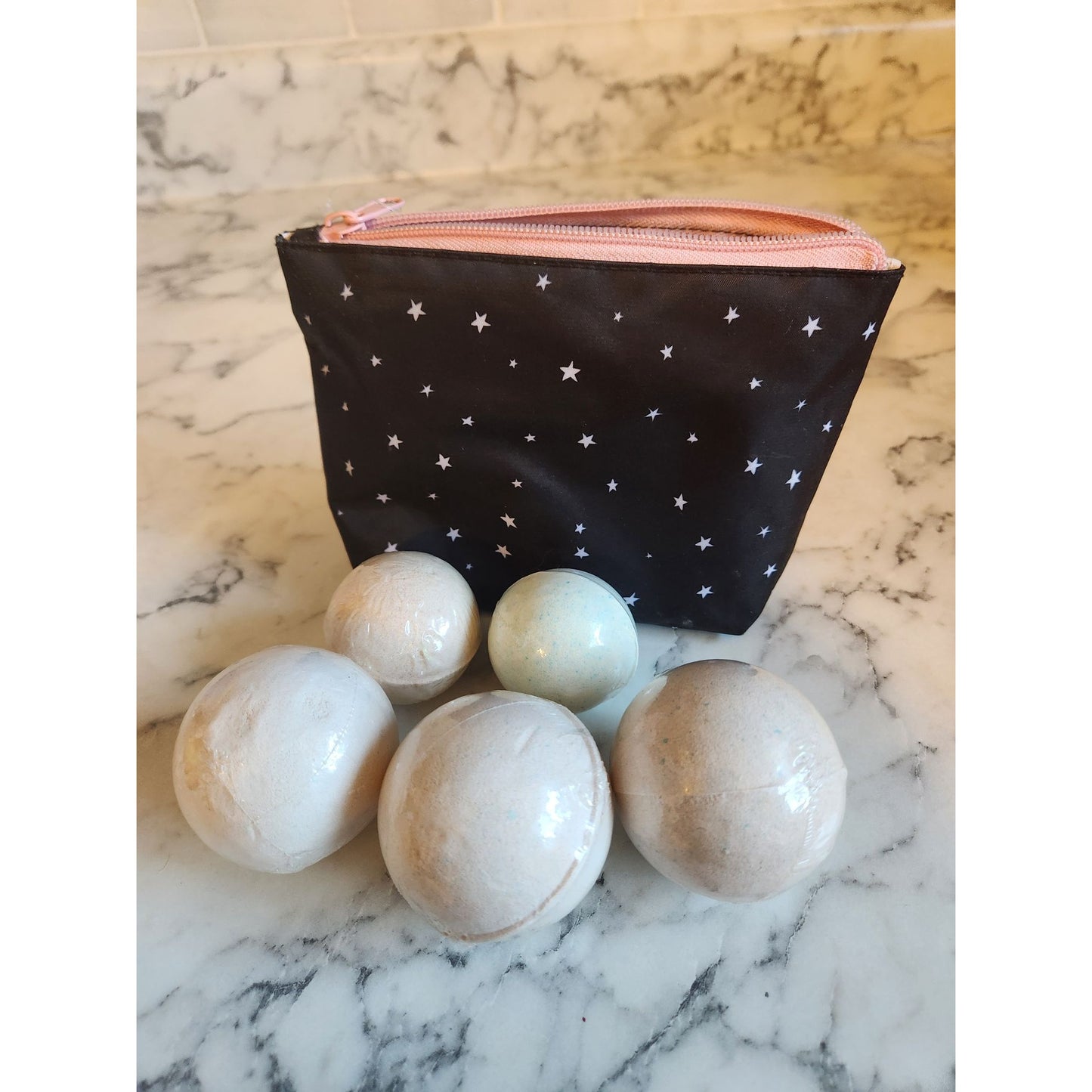 5 Piece Assorted Bath Bomb Set with Starry Cosmetic Bag Pouch
