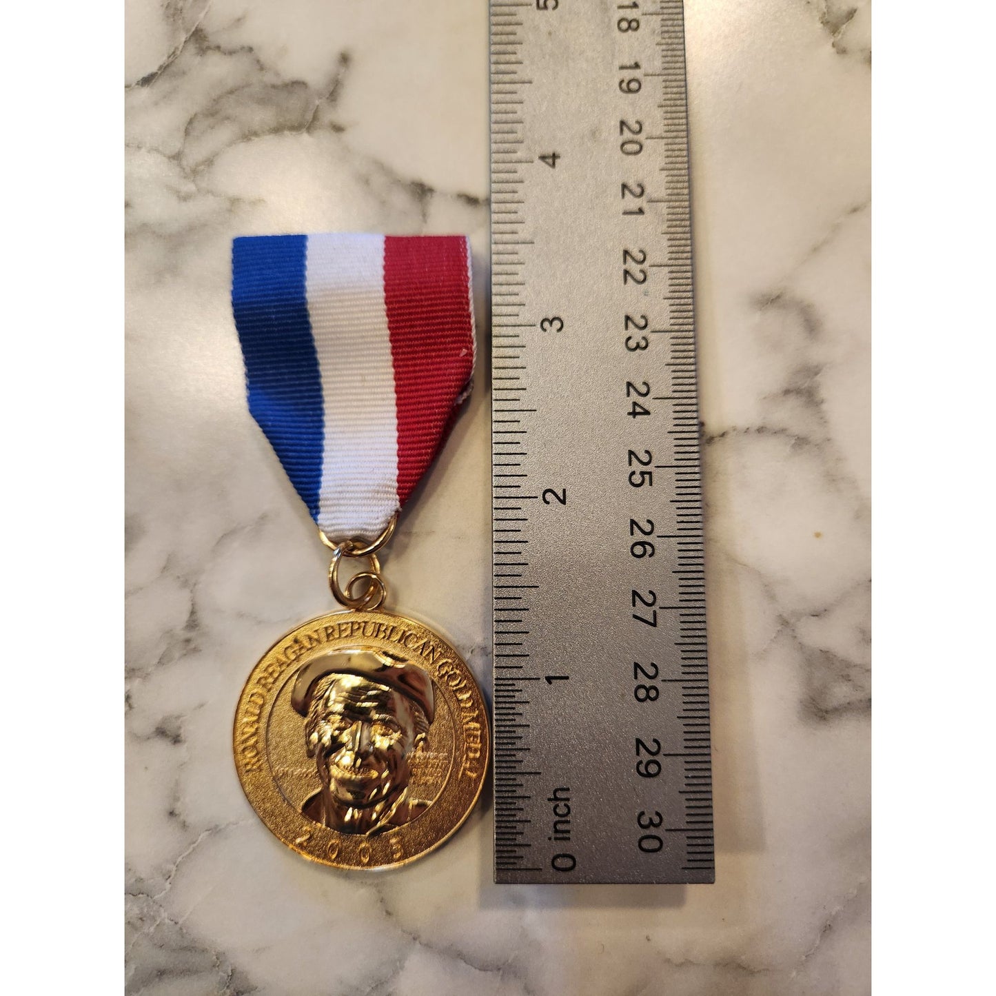 Ronald Reagan Republican Gold Tone Medal With Red/White/Blue Ribbon
