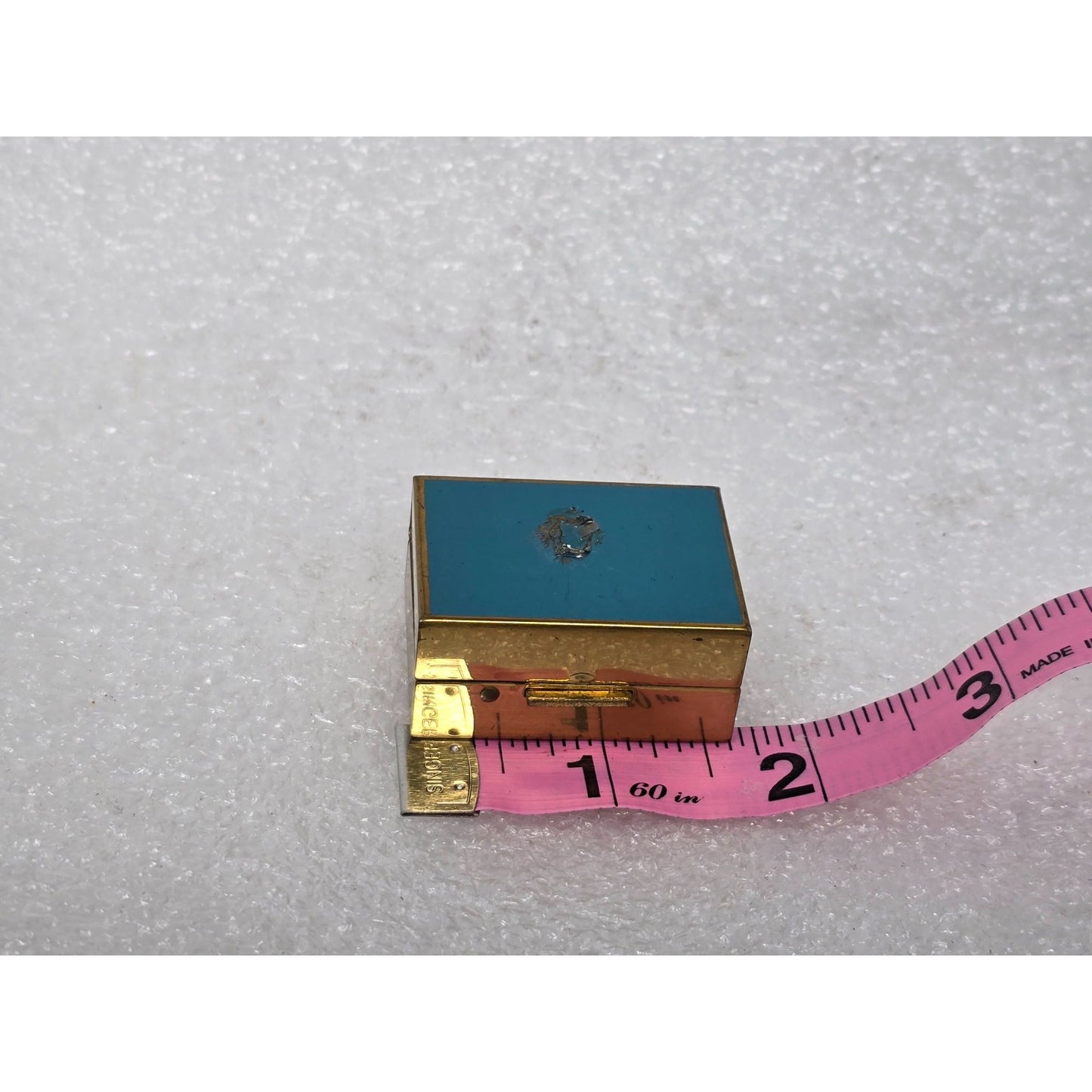 Vintage Gold-Tone Metal Trinket Pill Box With Blue Enamel Lid & Hinged Closure