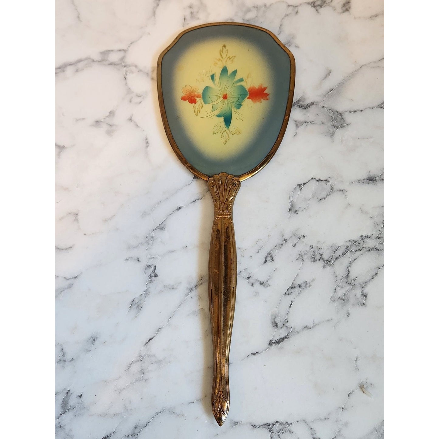 Vintage Handheld Vanity Mirror With Floral Design & Gold Tone Handle