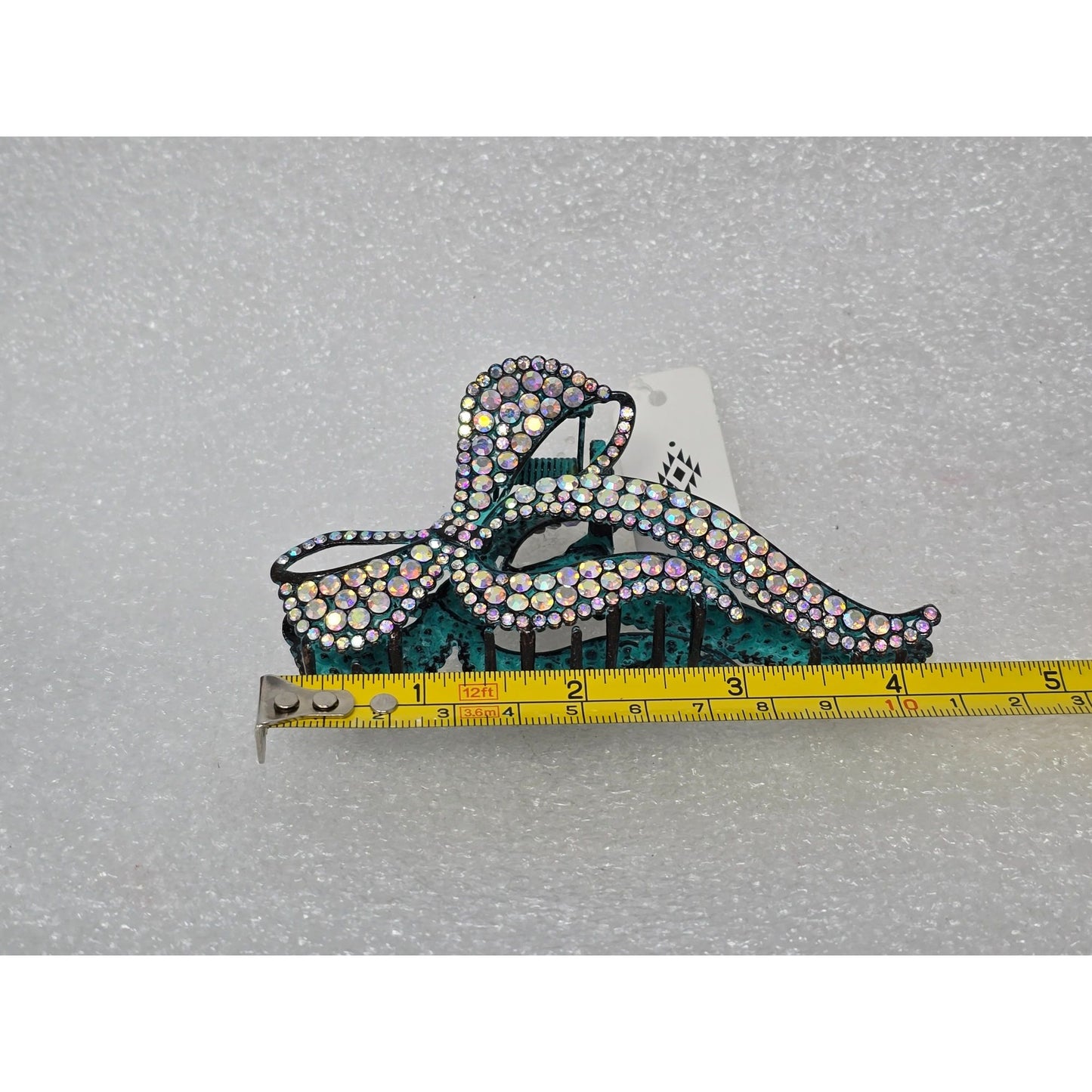 Rhinestone Bow Hair Claw Clip With Teal Accents