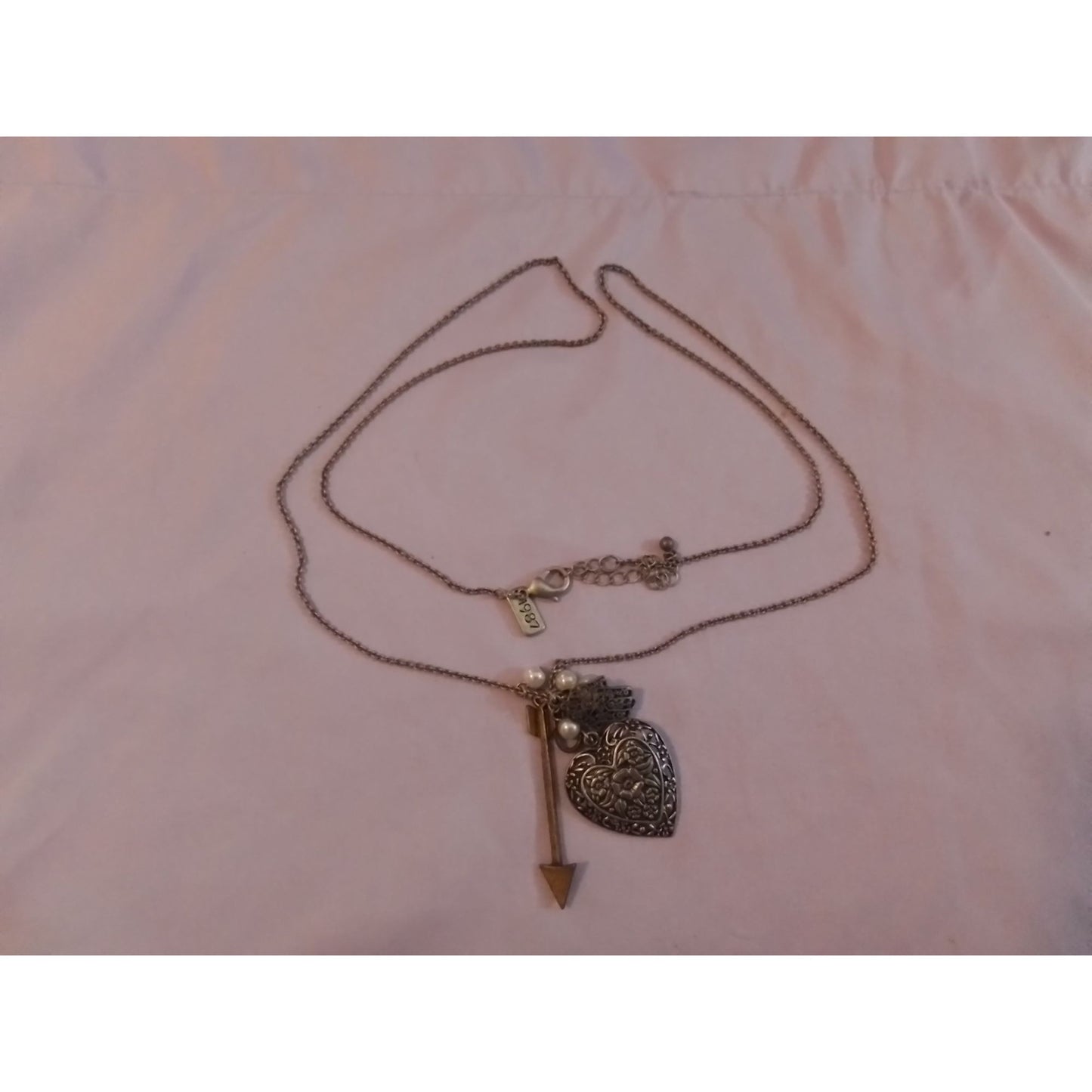 Aeropostale Aero Heart & Arrow Charm Necklace with Floral Design & Pearl Accents