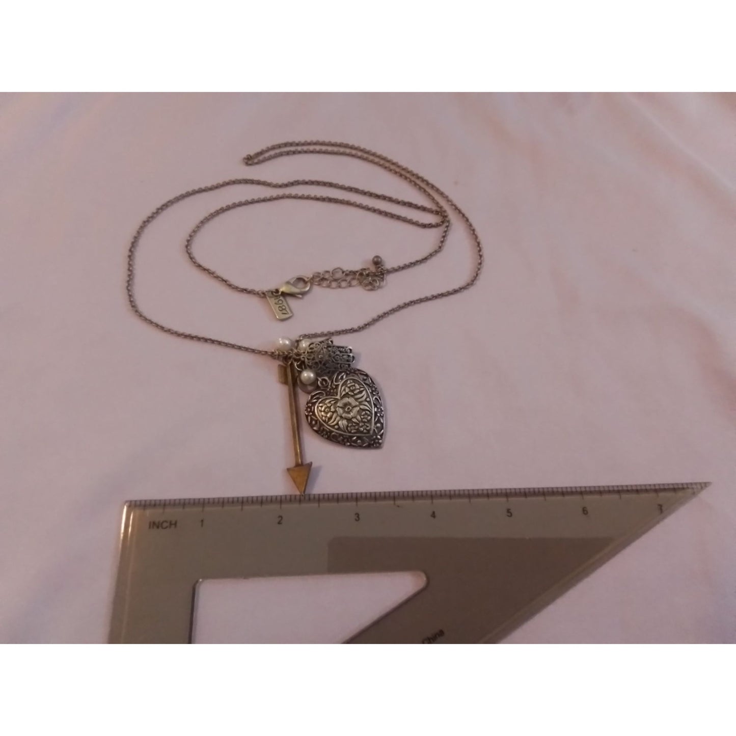 Aeropostale Aero Heart & Arrow Charm Necklace with Floral Design & Pearl Accents