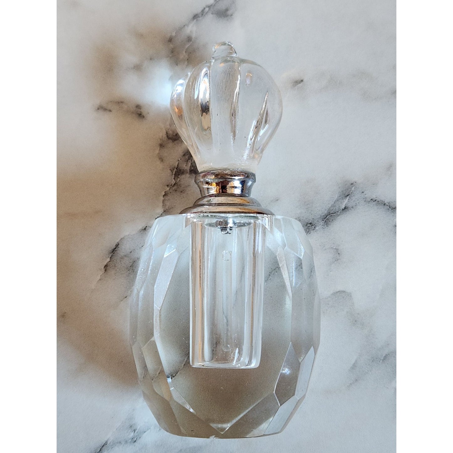 Vintage Crystal Perfume Bottle With Faceted Design & Ornate Stopper