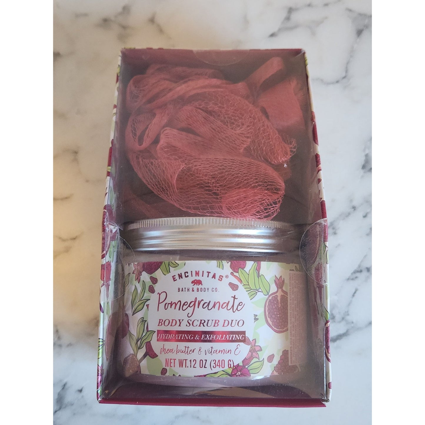 Encinitas Pomegranate Body Scrub Duo Hydrating & Exfoliating Set With Mesh Puff