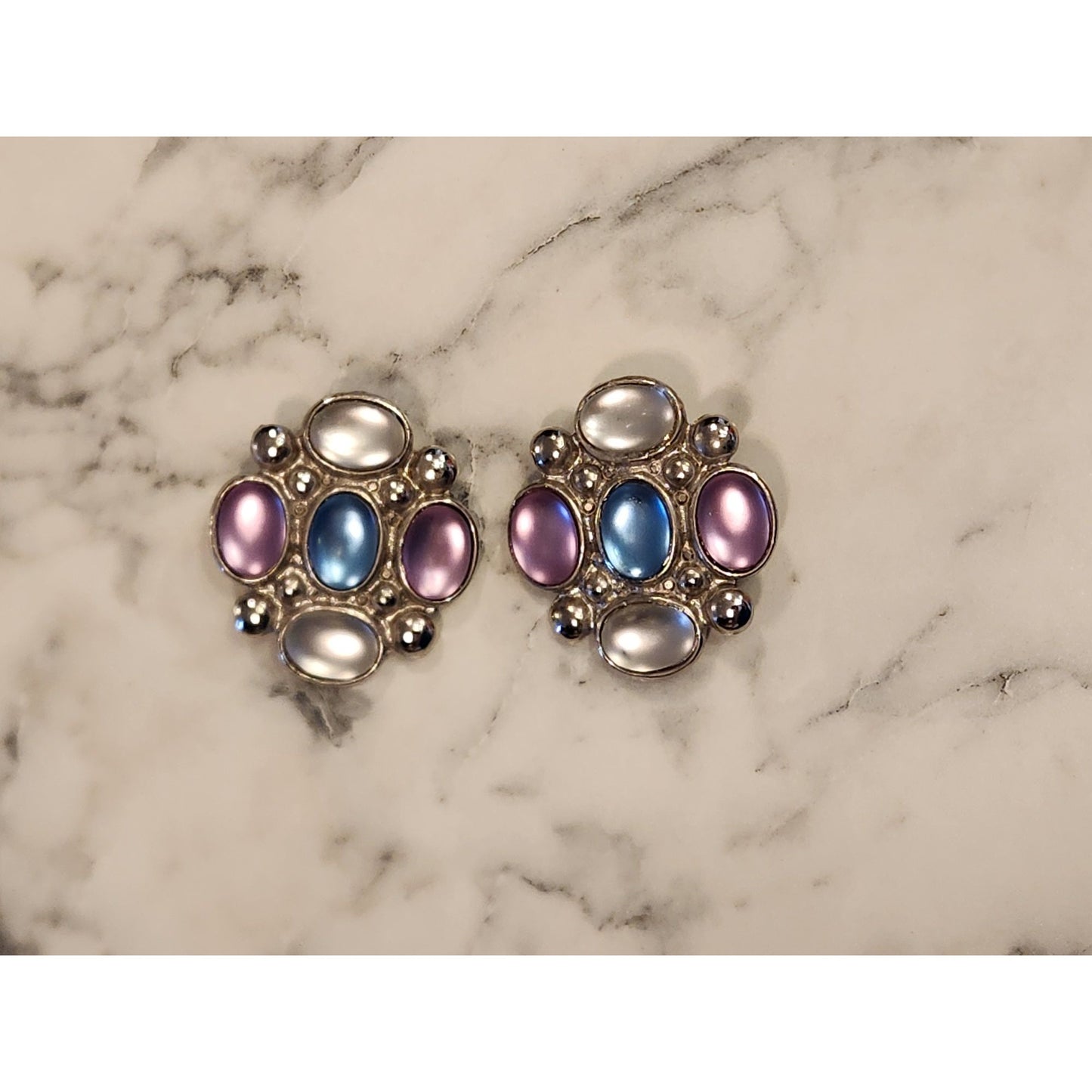Vintage Clip-On Earrings With Blue & Purple Cabochon Gemstones Silver-Tone Metal