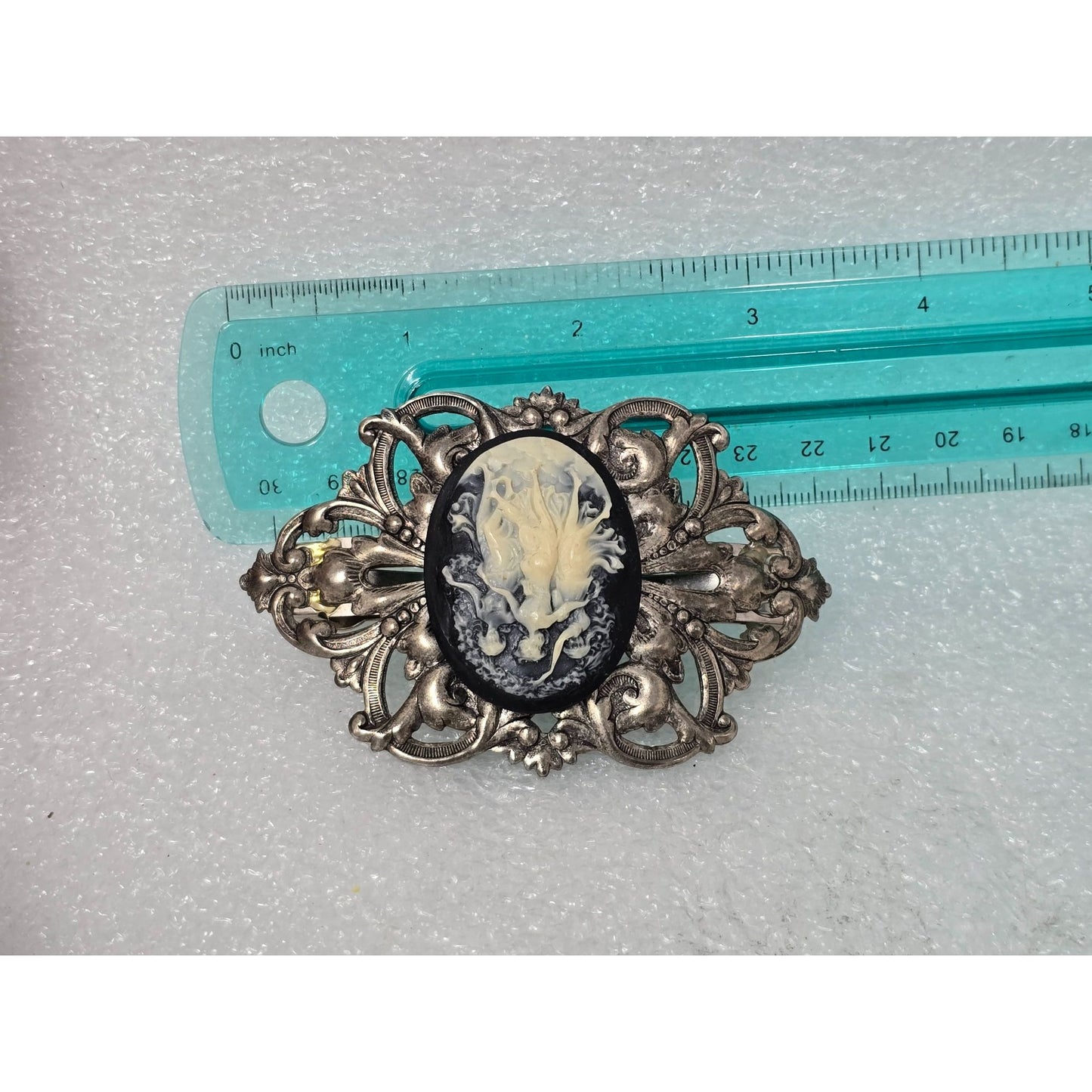 Vintage French Cameo Hair Barrette Silver Tone Filigree Made In France 3 Muses