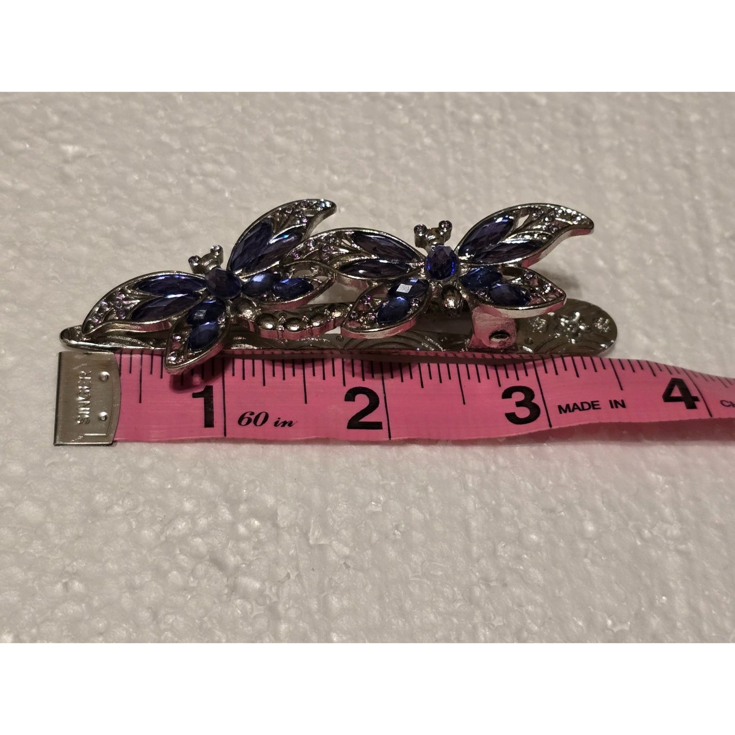 Silver Tone Butterfly Hair Clip Barrette Purple & Blue Gemstone Accents Elegant
