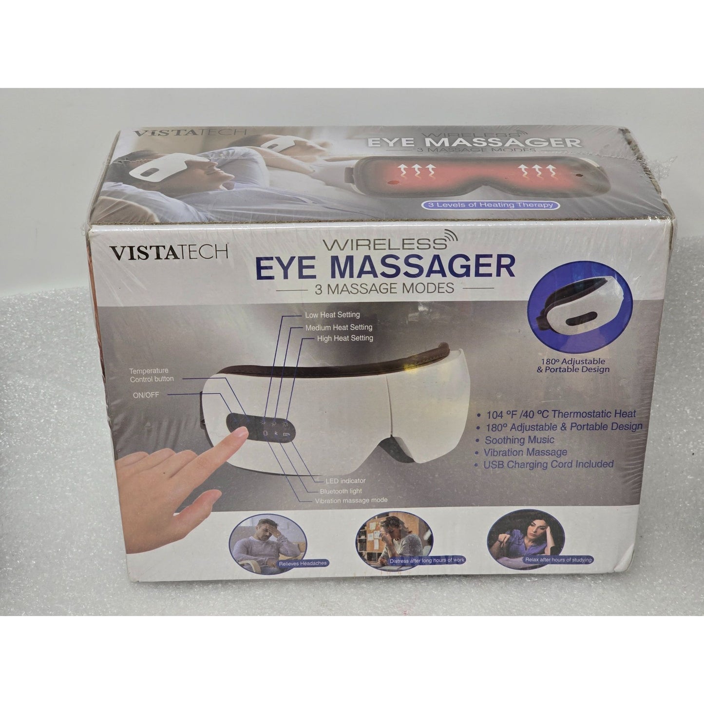 VistaTech Wireless Eye Massager 3 Modes Heating Vibration Music 180° Adjustable