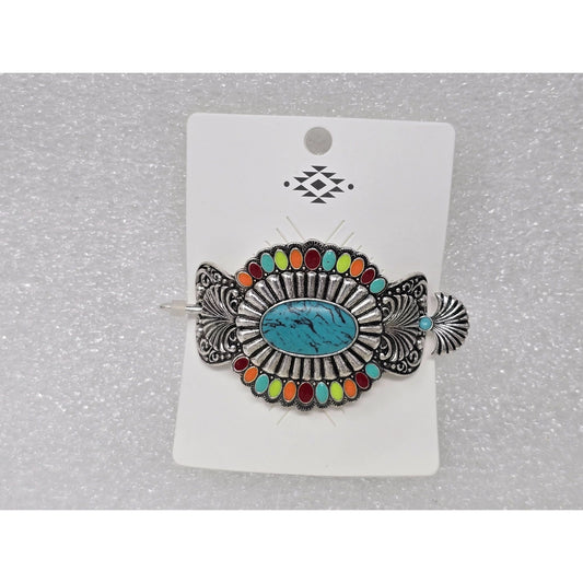 Western Style Silver Tone & Faux Turquoise Multicolor Hair Clip Barrette