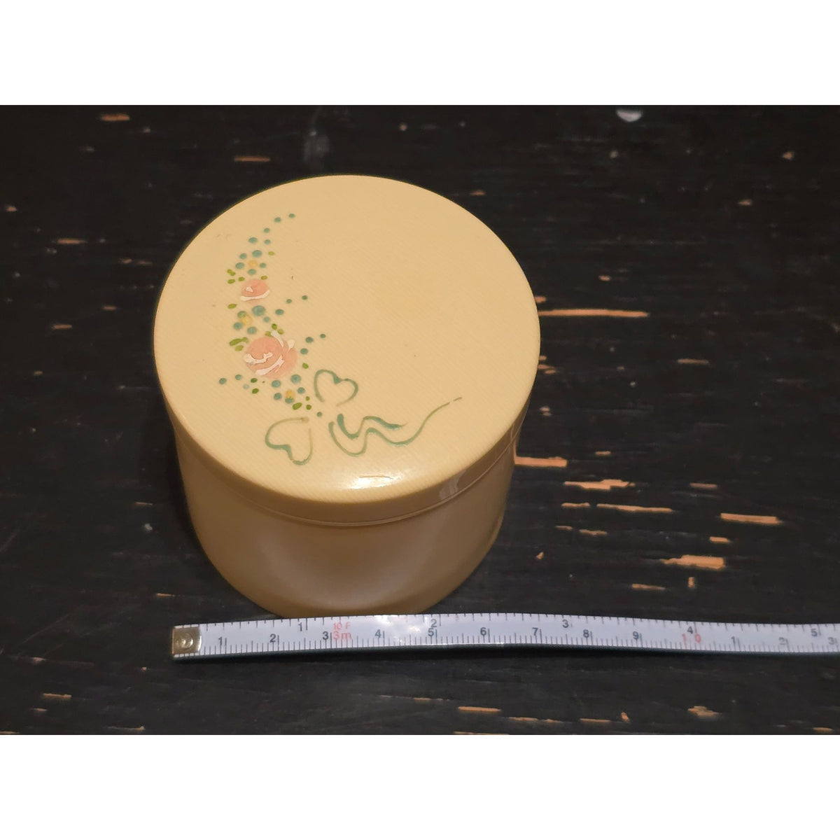 Vintage Round Floral Trinket Box Ivory Roses Vanity Powder Keepsake Container