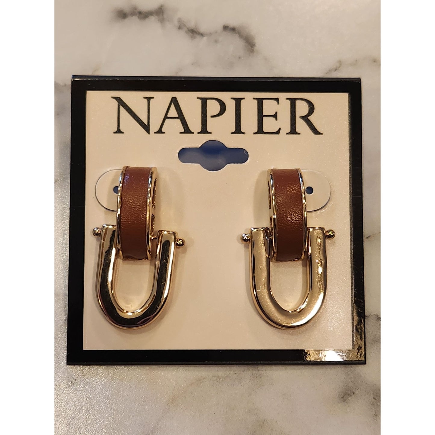 Gold-Tone & Brown Napier Faux Leather Hoop Earrings