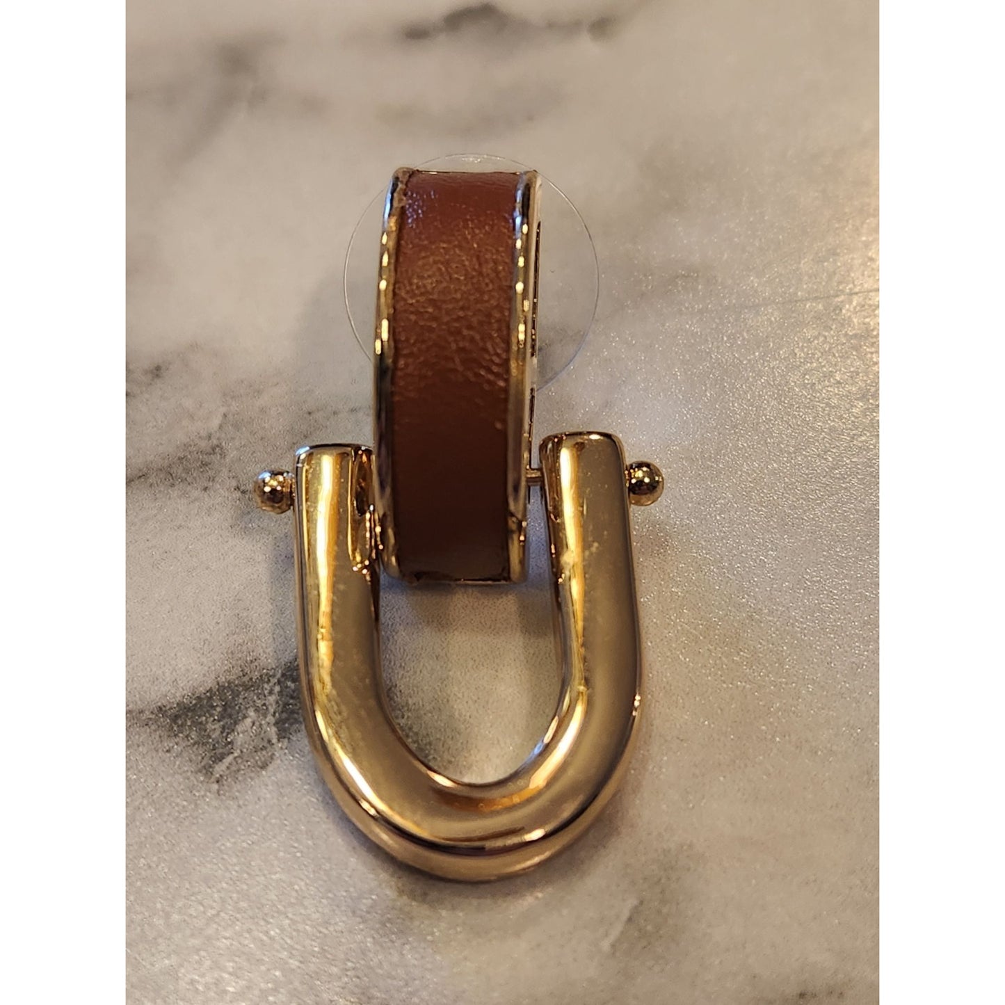 Gold-Tone & Brown Napier Faux Leather Hoop Earrings