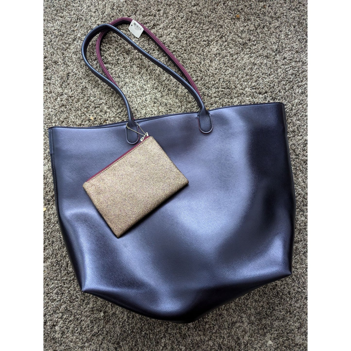 Black Faux Leather Tote Removable Gold Pouch & Burgundy Lining Bath & Body Works
