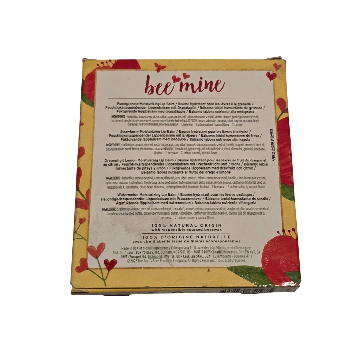 Burt's Bees Bee Mine Lip Balm Set Pomegranate Strawberry Dragonfruit Watermelon