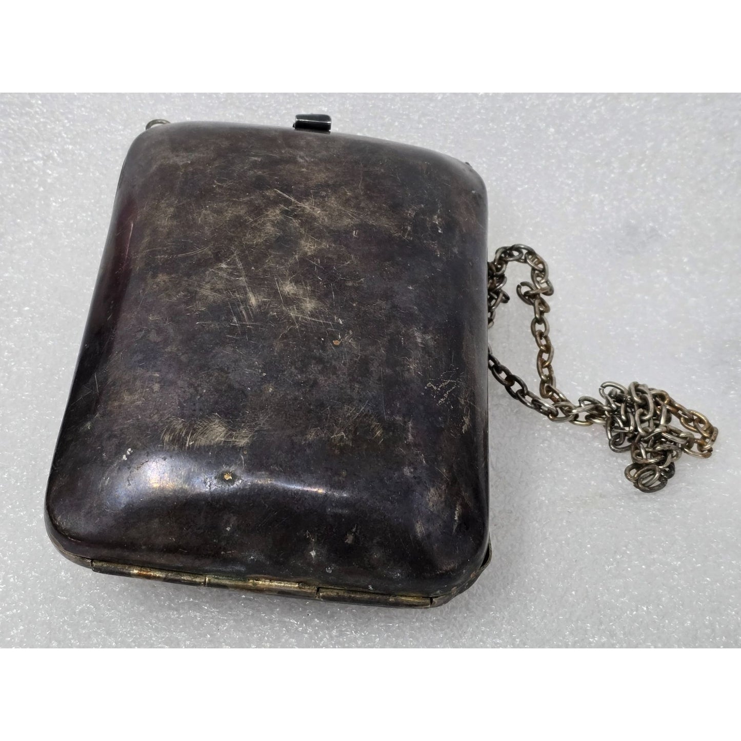 Antique Sterling Silver Metal Chain Purse With Floral Design & Latch Closure
