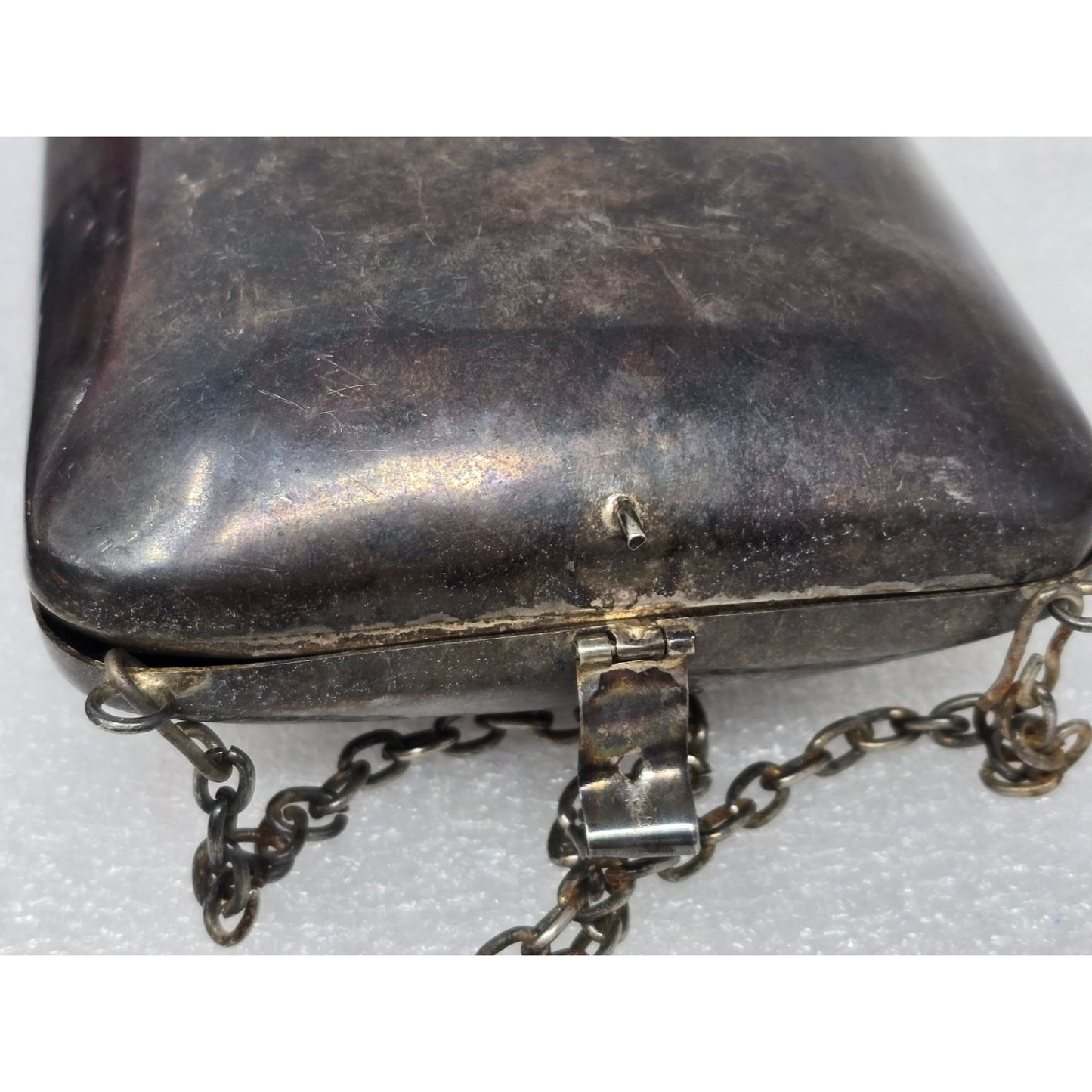 Antique Sterling Silver Metal Chain Purse With Floral Design & Latch Closure